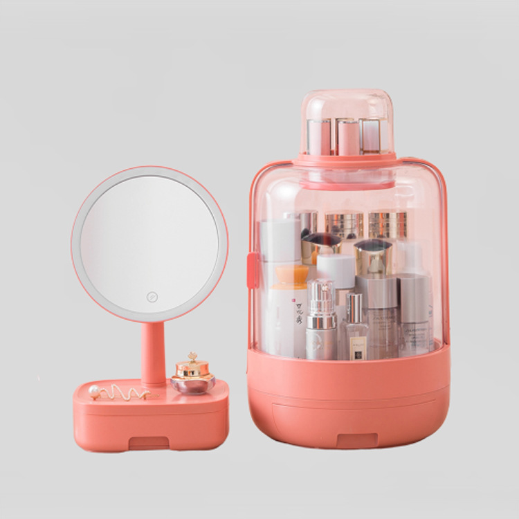Makeup Storage box LED mirror set dustproof portable led smart cosmetic storage box 360 rotating acrylic makeup organizer