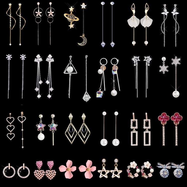 New Dongdaemun S925 silver pin earrings femininity personality asymmetry simple earrings long fringe earrings