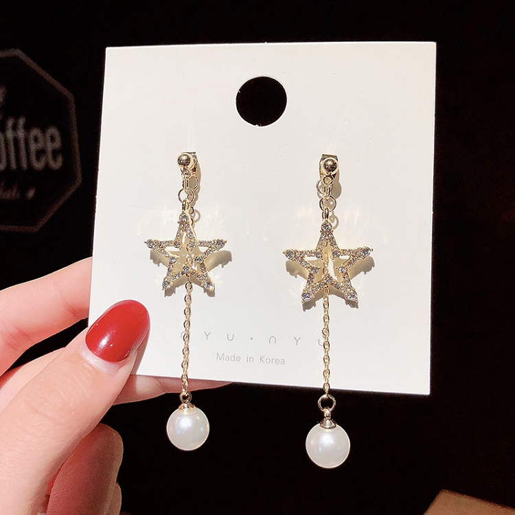 S925 silver needle star pearl earring female Korean temperament personality long style fashion set diamond earrings long style earrings