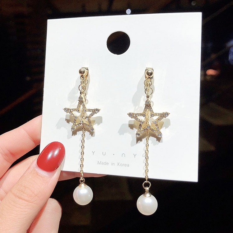 S925 silver needle star pearl earring female Korean temperament personality long style fashion set diamond earrings long style earrings