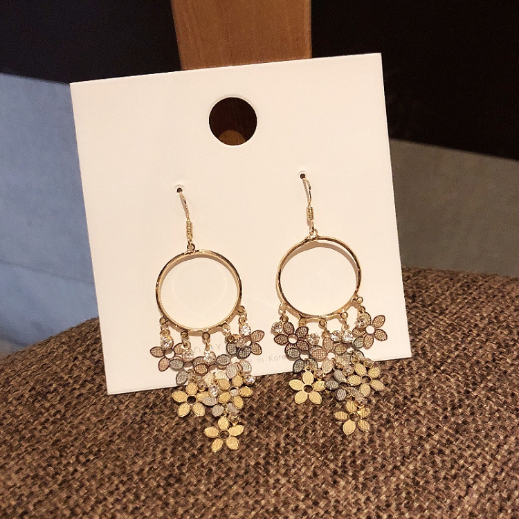 925 Silver needle Korean Earrings Super Fairy Long Shiny dream catcher circle zircon glitter Flower tassel earrings