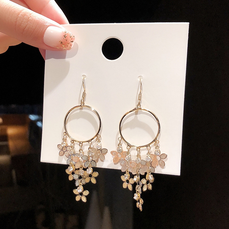 925 Silver needle Korean Earrings Super Fairy Long Shiny dream catcher circle zircon glitter Flower tassel earrings