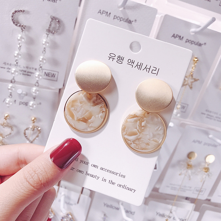New dumb marble earrings S925 silver needle Japanese and Korean fashion temperament metal acrylic round earrings for women