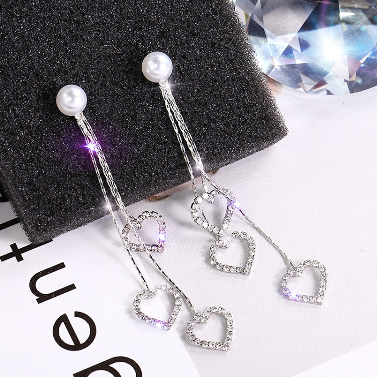 S925 Silver needle inlaid with diamond love tassel earrings female temperament Korean fashion multi-match earrings vintage pearl earrings tide