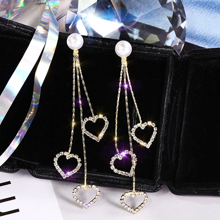 S925 Silver needle inlaid with diamond love tassel earrings female temperament Korean fashion multi-match earrings vintage pearl earrings tide