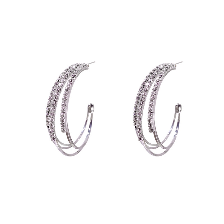 925 Silver needle Korean exaggerated full diamond geometric ring earrings women fashion temperament versatile C-shaped earrings drop earrings