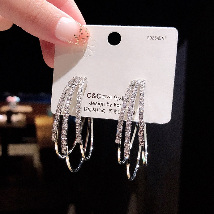 925 Silver needle Korean exaggerated full diamond geometric ring earrings women fashion temperament versatile C-shaped earrings drop earrings