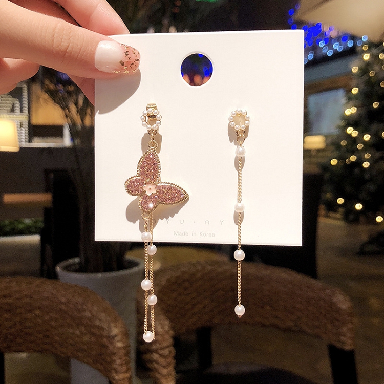 925 Silver needle long style asymmetrical pearl tassel earrings High quality sense-stud super fairy drop earrings