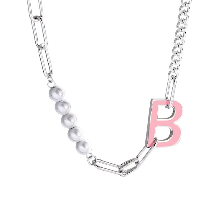 Ins tide net red with the same character girl heart pink letter B titanium steel necklace pearl temperament design clavicular chain