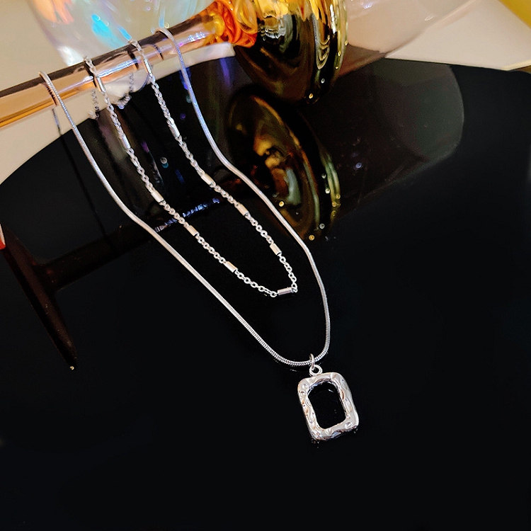 Geometric square double layer titanium steel necklace femininity long tassel pendant necklace double layer fashion personality clavicle chain
