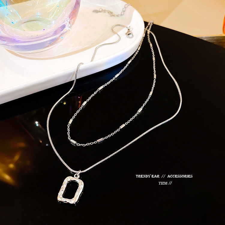 Geometric square double layer titanium steel necklace femininity long tassel pendant necklace double layer fashion personality clavicle chain