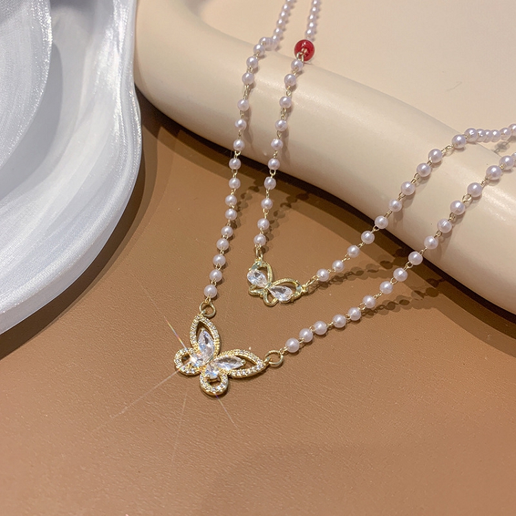 Double layer Millet pearl butterfly necklace 2021 new niche design high-level sense of light luxury wind color matching 