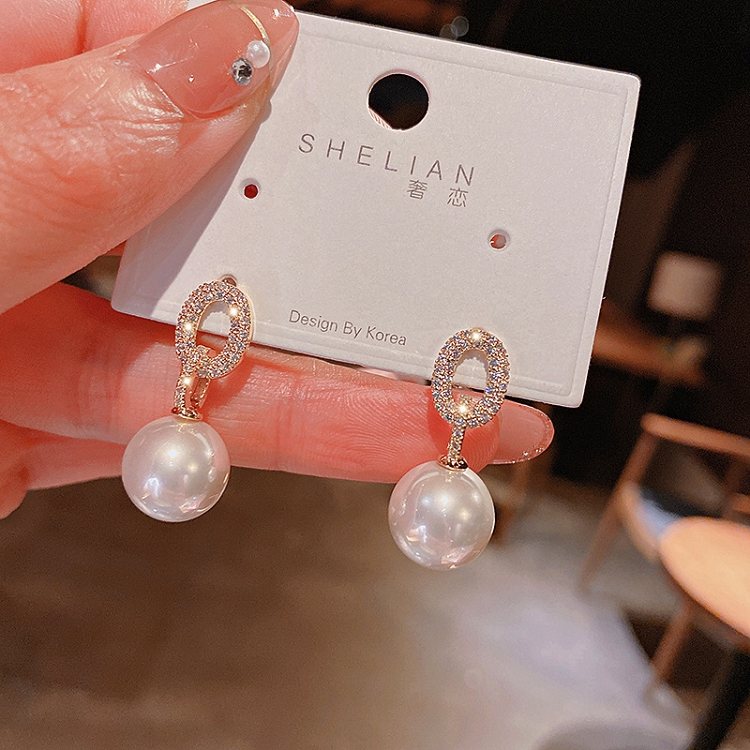 S925 silver needle geometric simplicity inlaid with diamond shimmering pearl earrings fashionable ladies high sense of quality 