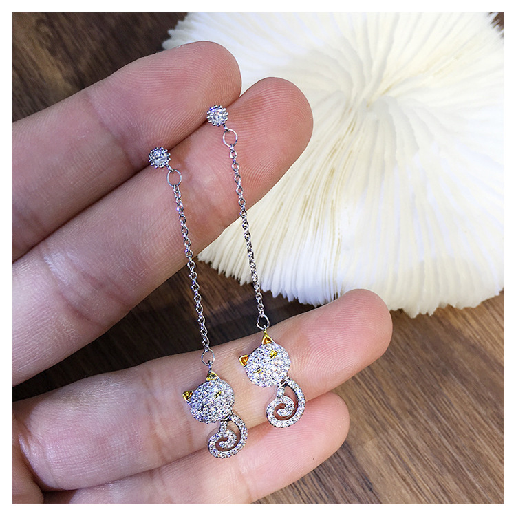 S925 Silver needle cute exquisite micro-inlaid zircon kitten long earrings girl heart temperament earrings slim face earrings 