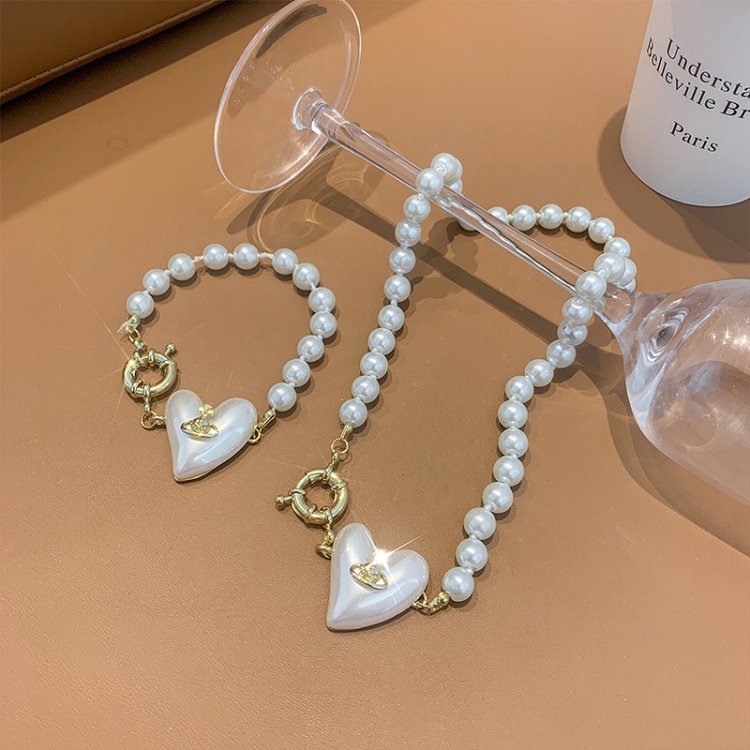 French retro baroque bracelet earrings pearl love pendant clavicle chain female OT buckle necklace set 
