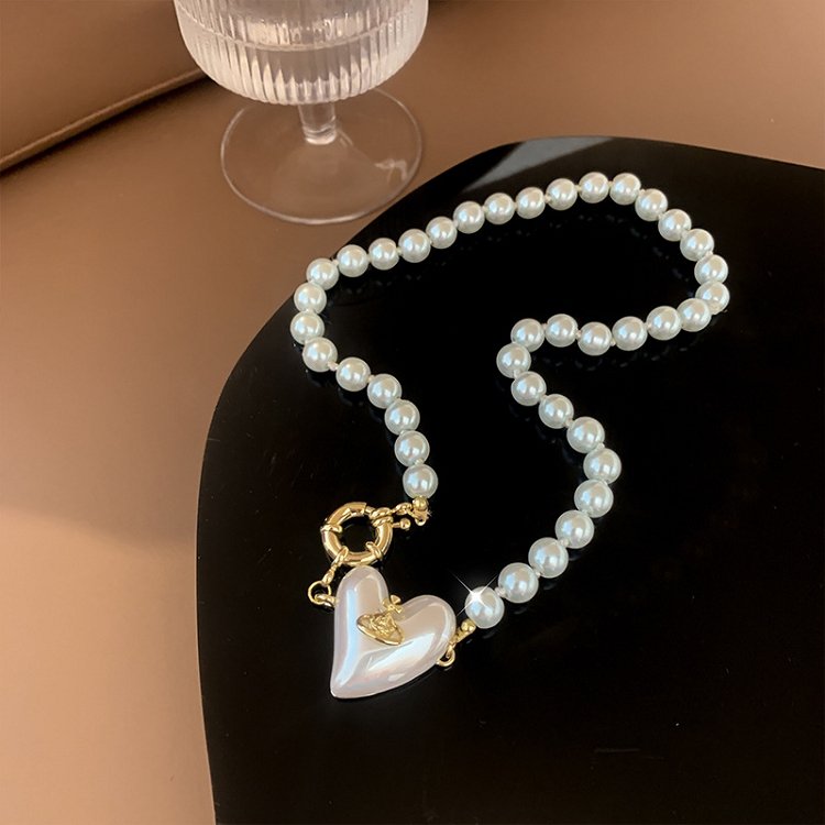 French retro baroque bracelet earrings pearl love pendant clavicle chain female OT buckle necklace set 