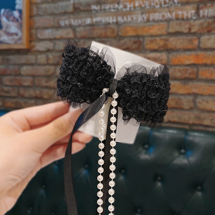 Multi-layer gauze bowknot pearl tassel hairpin satin back head clip temperament versatile spring clip 