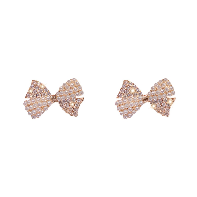 South Korea fashion set diamond pearl earring bow 925 silver needle earrings INS tide light luxury niche design sense earring 