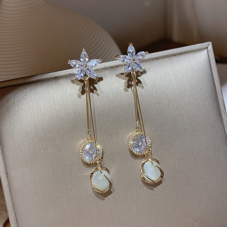 Earrings female 2021 fashionable opal flower earrings with high sense of light luxury tassel temperament sterling silver earrings female 