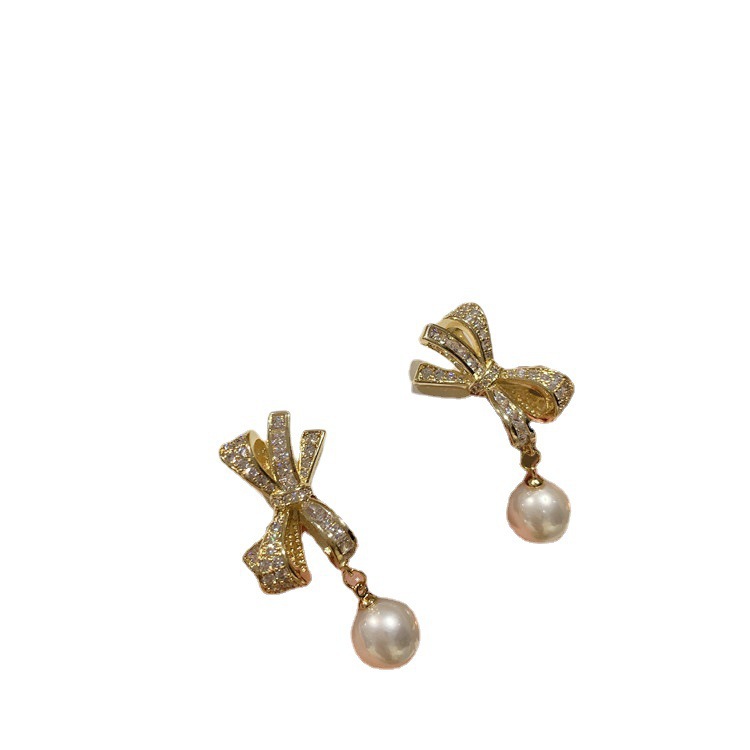 S925 silver needle fine micro inlaid zircon bow long pearl tassel earrings feminine fashion earrings wholesale 