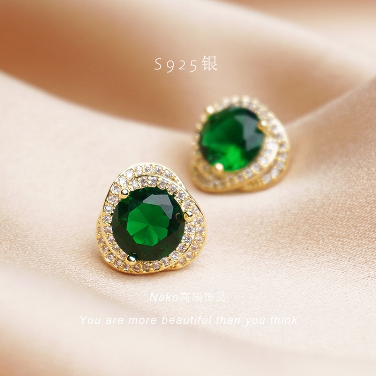 S925 sterling silver vintage socialite temperament earrings artificial emerald earrings fashion all-match earrings factory direct sales 