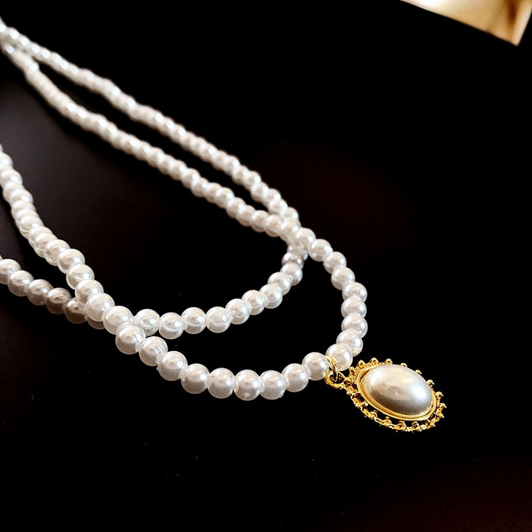 Japan and South Korea new elegant exquisite high-grade double pearl necklace ellipse pendant banquet dress short style clavicle chain female 