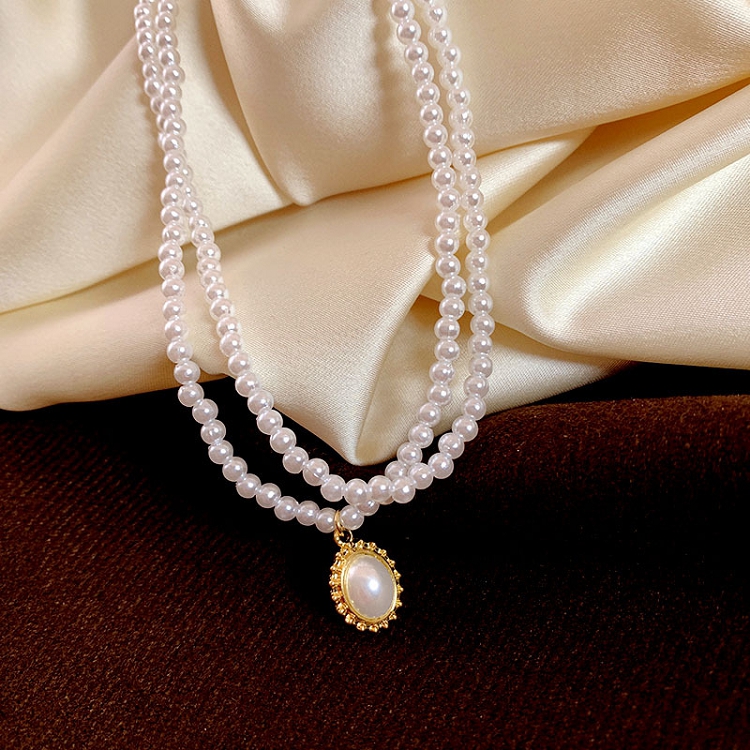 Japan and South Korea new elegant exquisite high-grade double pearl necklace ellipse pendant banquet dress short style clavicle chain female 