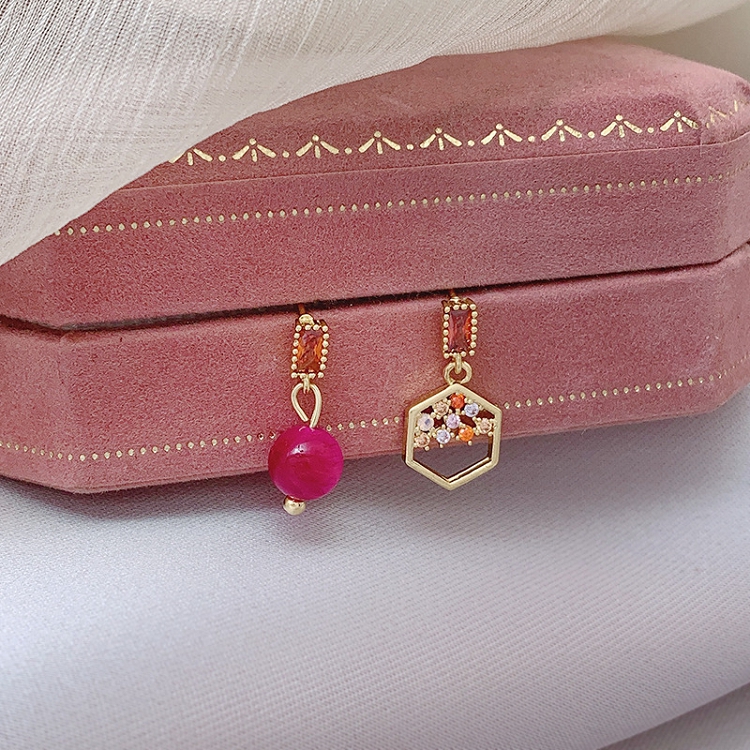 Red bean hollow hexagonal asymmetrical earrings femininity art retro style earrings fashion personalized design earrings 
