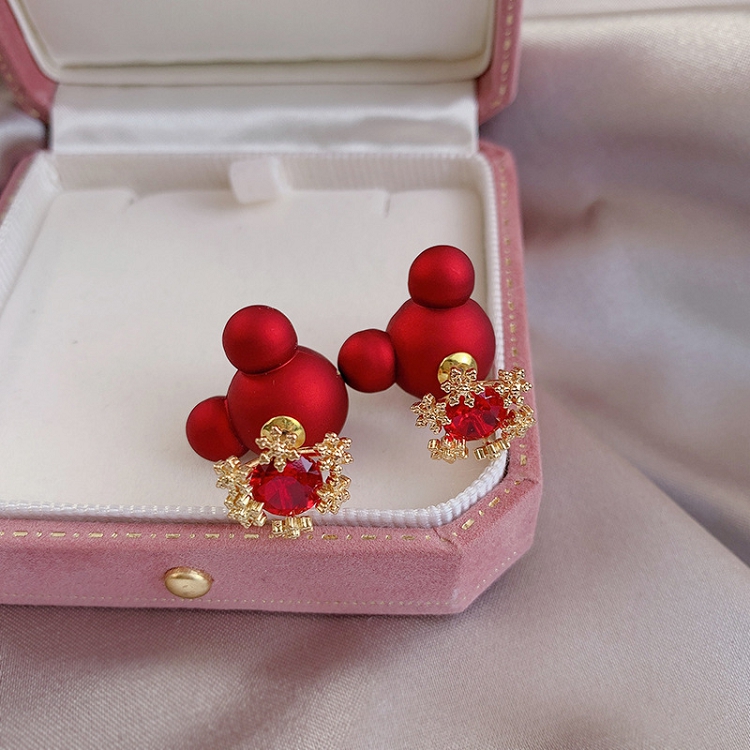 Benmingnian red pearl earrings South Korean temperament silver needle before and after snowflake earrings personality versatile anti-allergy earrings 