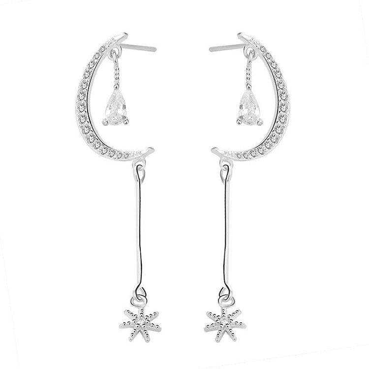 S925 Sterling silver micro-inset zircon star-moon earrings for women retro Baroque earrings fashion tassel earrings