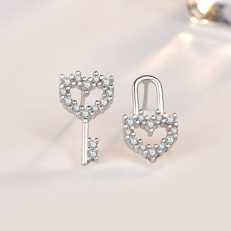 S925 Sterling silver full diamond love key lock earrings women cool wind simple personality earrings asymmetrical earrings