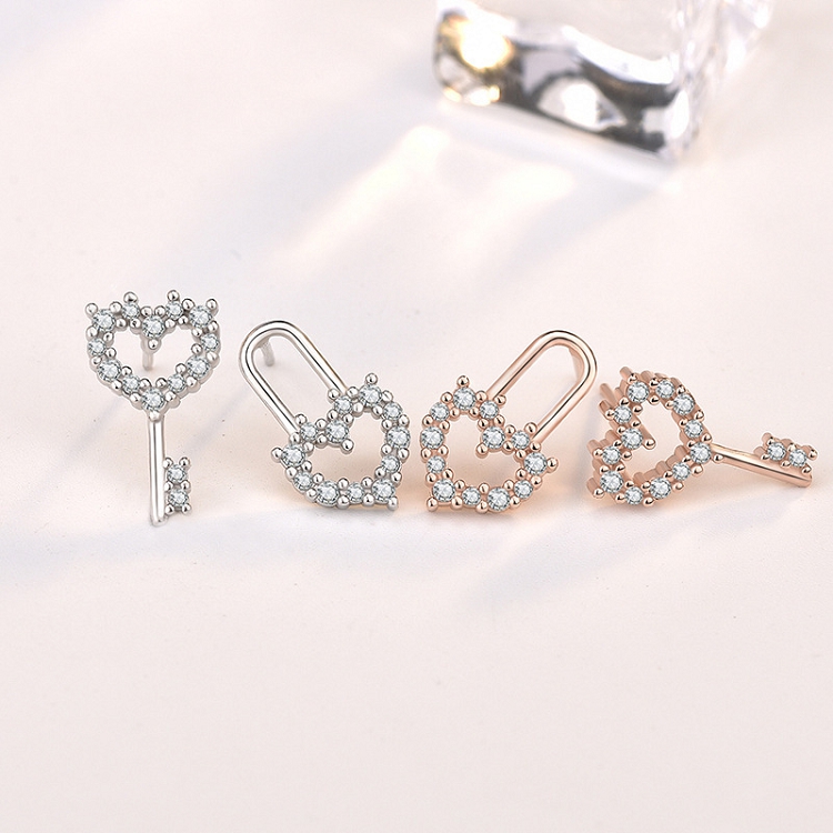S925 Sterling silver full diamond love key lock earrings women cool wind simple personality earrings asymmetrical earrings