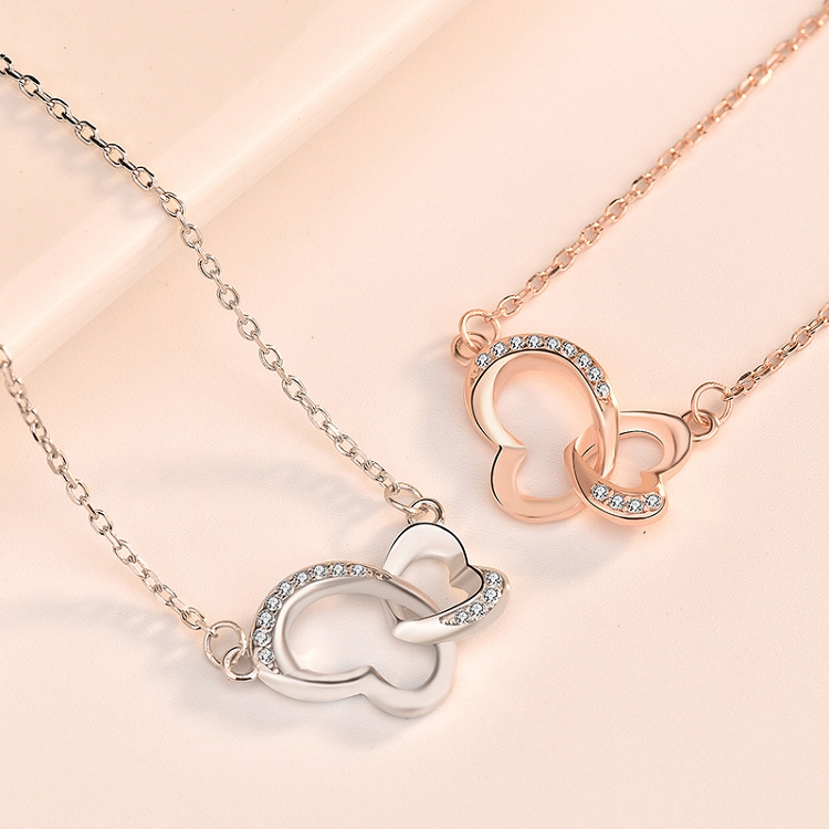 S925 sterling silver double heart necklace female cold wind INS design sense rose gold clavicle chain silver ornaments
