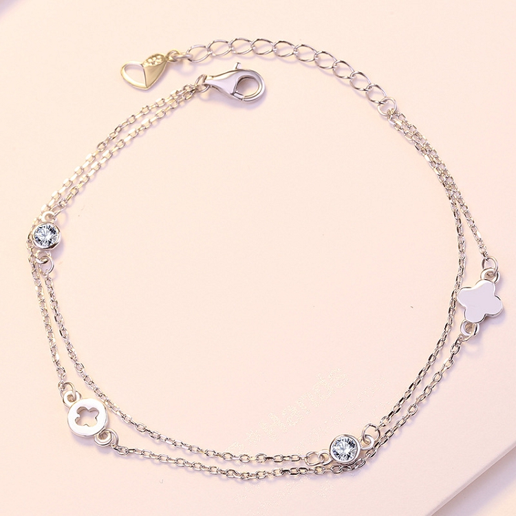 S925 sterling silver four-leaf grass double layer bracelet female sen is a small pure and fresh girl heart lucky transfer bracelet wholesale