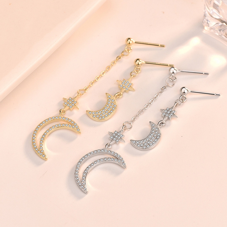 S925 Sterling silver star moon earrings female South Korea INS asymmetric personality long zircon earrings