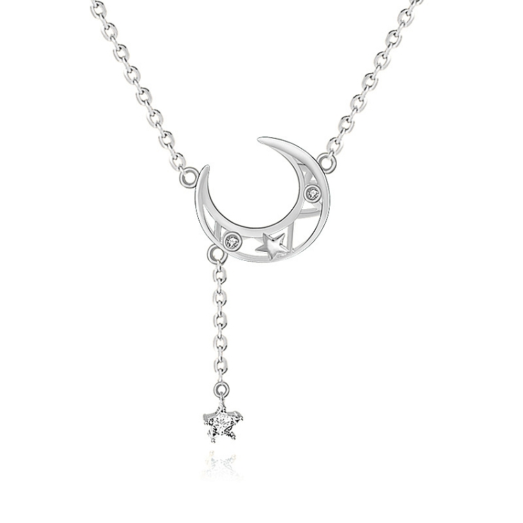 Original S925 sterling silver star moon necklace female Japanese and Korean fashion hollow-out tassel clavicle chain silver ornaments