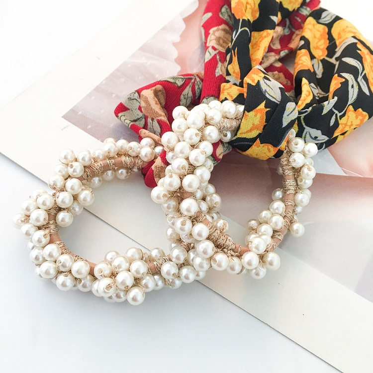 Korean version of the new spring and summer French flower pearl bowknot hair ring ribbon tied hair band head rope hair ornaments ?