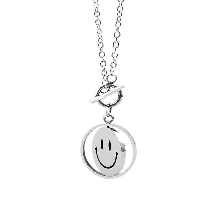 Trendy hip hop rotary smiling face titanium steel necklaces for men and women with instagram simple retro personality emoji pendants for lovers ?
