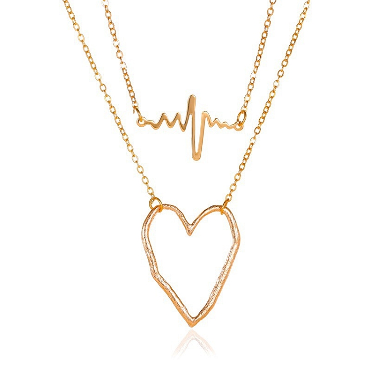 Cross border sales double heart necklace personality ecg frequency clavicle chain pendant heart necklace sweater necklace ?