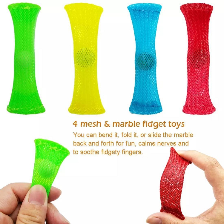 4 Kinds Pressure Reduced Woven Net Tube With Marble Toy Multi-colored Tape Glass Marble Extrusion Vent Fidget Toy