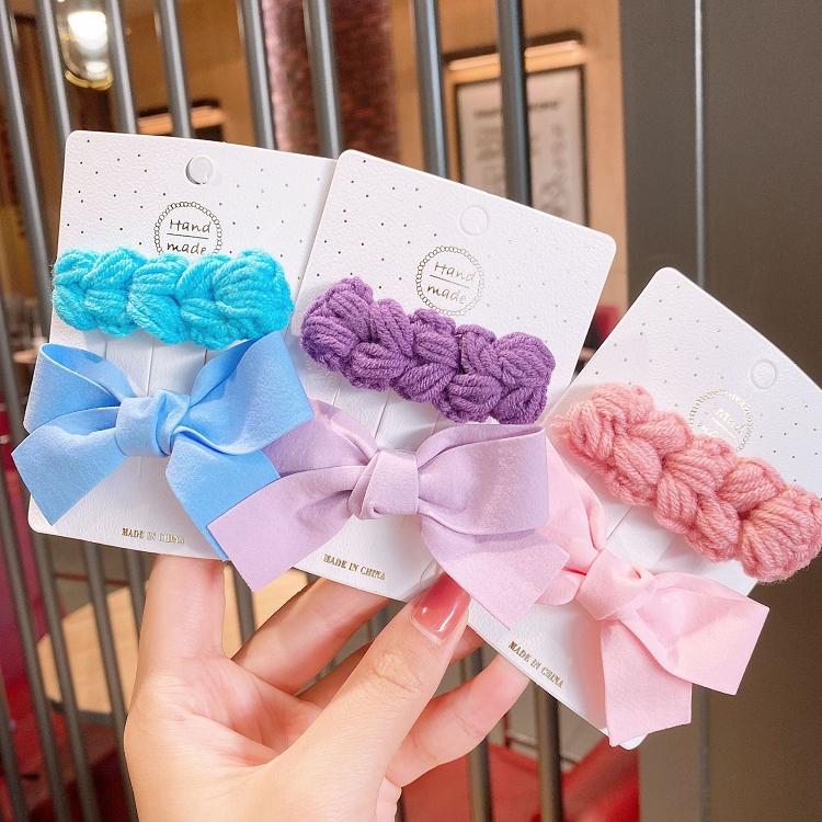 Korean princess sweet children bow hair clip bangs side clip knitting yarn hairpin headpiece