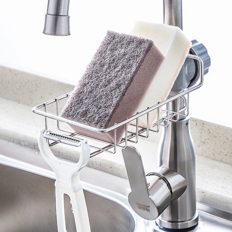 Kitchen faucet rack household stainless steel perforation-free cloth sponge brush drain rack sink storage rack