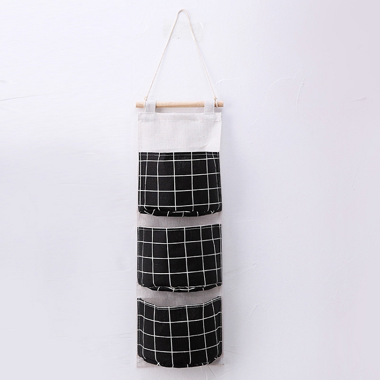 Korean creative cotton and linen storage bag 3 layers of hanging bag lattice cloth art door storage bag