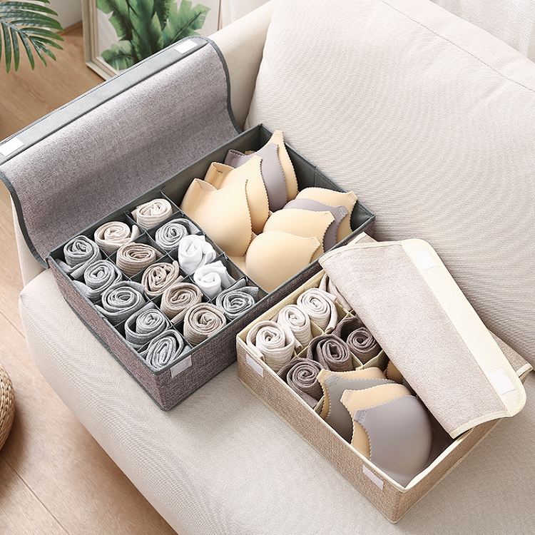 Creative 16-compartment folding layer with cover underwear storage box dust-proof antibacterial moisture-proof cotton linen two-in-one storage box