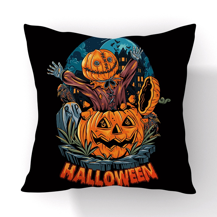 Halloween Pillowcase 2021 cross-border new cartoon pumpkin skull print short plush cushion cover to customize