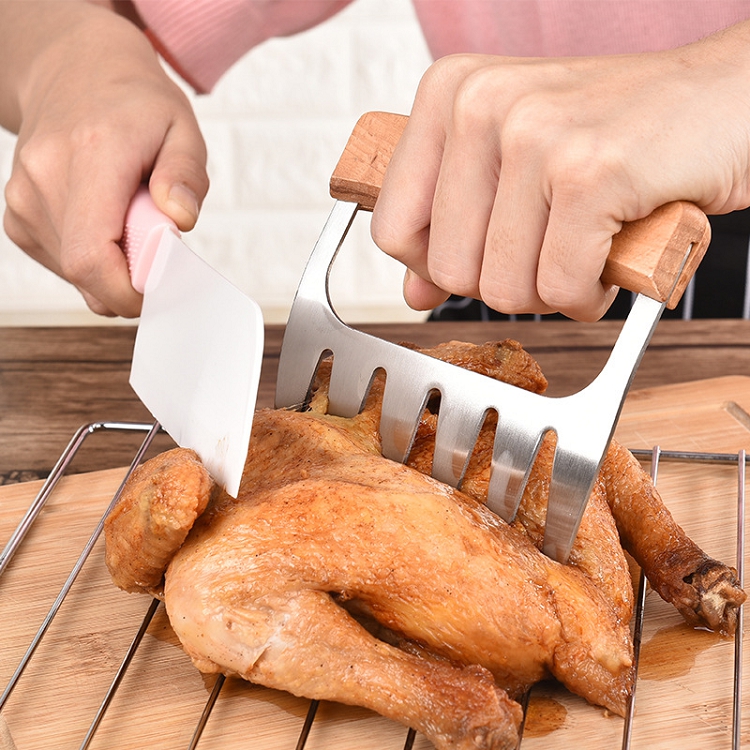 2-piece stainless steel bear claw meat shredder with wooden handle Shredded chicken meat divider Tear chicken hand guard