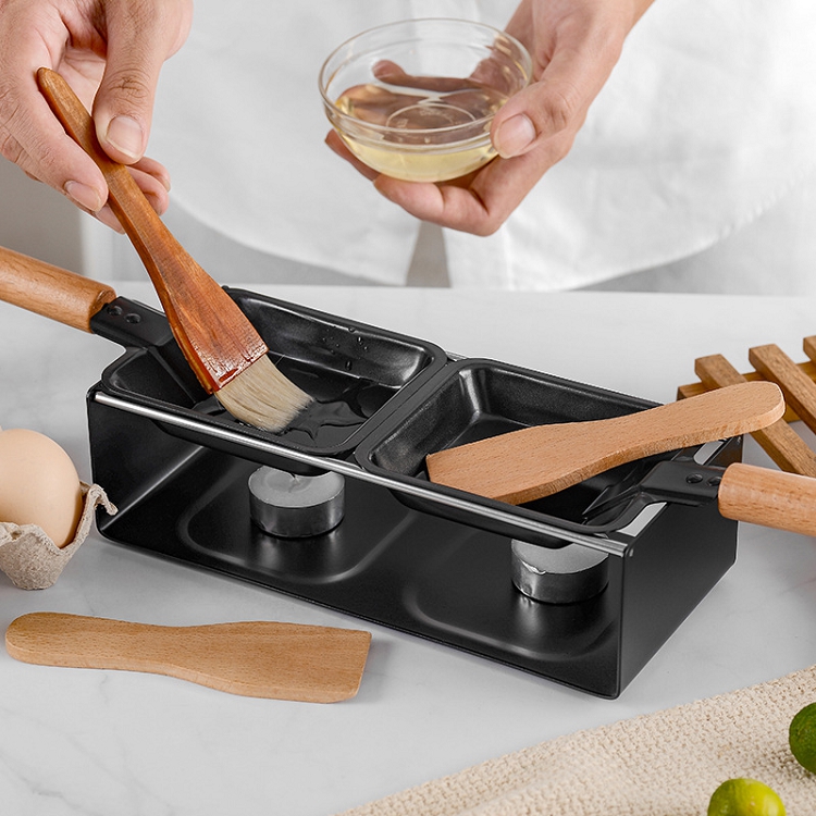 Mini Double-head Non-stick Barbecue Tray with Wooden Handle Cheese Oven Baking Tray