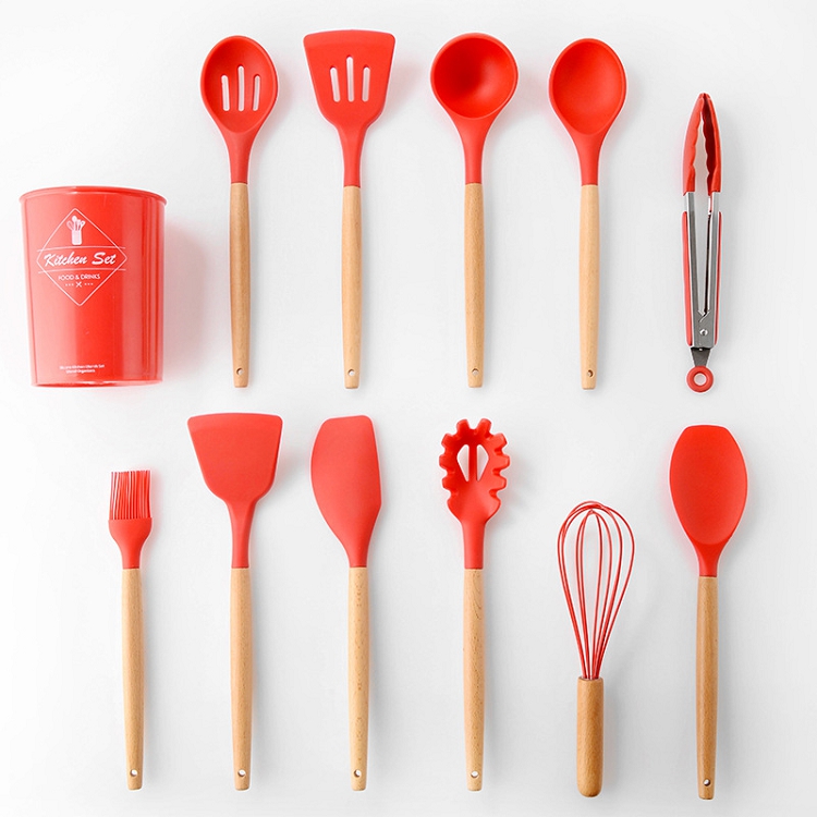 Customize Logo 11 Pcs Red Bamboo Heat Resistant Non Stick Cooking Food Grade Silicon Kitchen Wooden Utensils Set