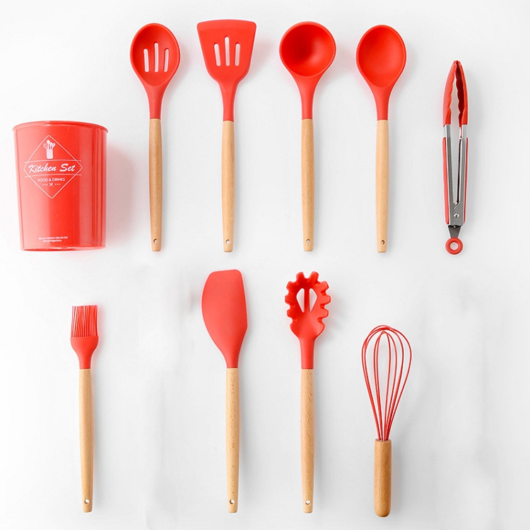 Customize Logo 11 Pcs Red Bamboo Heat Resistant Non Stick Cooking Food Grade Silicon Kitchen Wooden Utensils Set