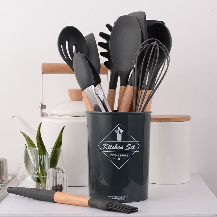 12pcs Cooking Tools Set Silicone+Wooden Handle Kitchen Cooking Utensils Set with Storage Box Turner Spatula Soup Spoon